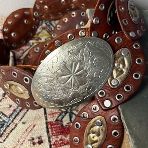 Vintage Boho Western Leather and Silver-tone Handmade Belt Adjustable 40” total